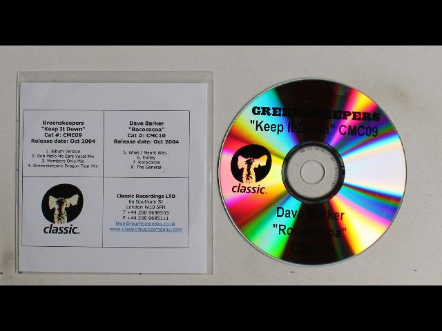 Greens Keepers / Dave Barker Keep It Down / Rocococoa UK ADV CDR 2004 House